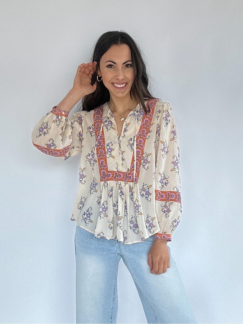 Aqua Cotton Floral Peasant Blouse in Cream XL